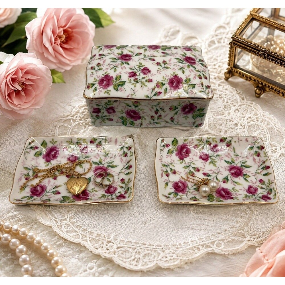 Lefton Rose Chintz Trinket Jewelry Box 2 Nesting Vintage Dishes Japan